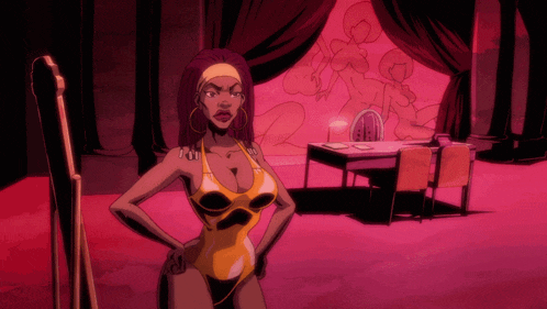 a woman in a yellow and black swimsuit stands in a room