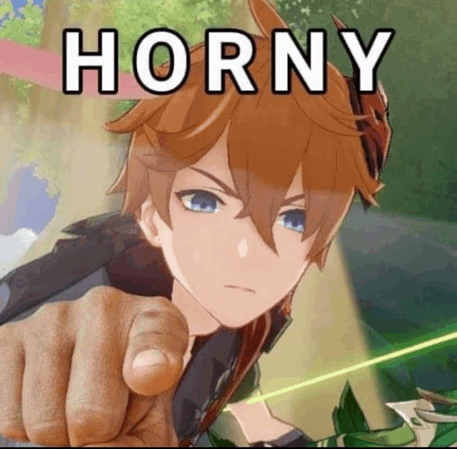 a cartoon character is pointing at the camera and the word horny is on the bottom of the picture .