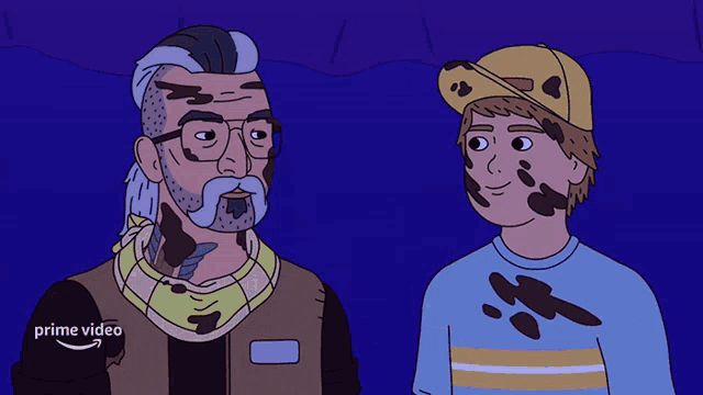 a man and a boy are standing next to each other in a cartoon with the words prime video on the bottom