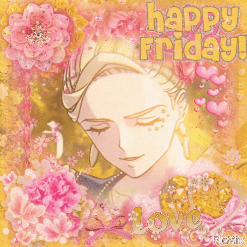 a picture of a woman with flowers and the words happy friday