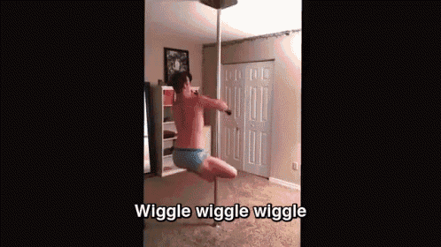 a man is dancing on a pole with the words wiggle wiggle wiggle written below him