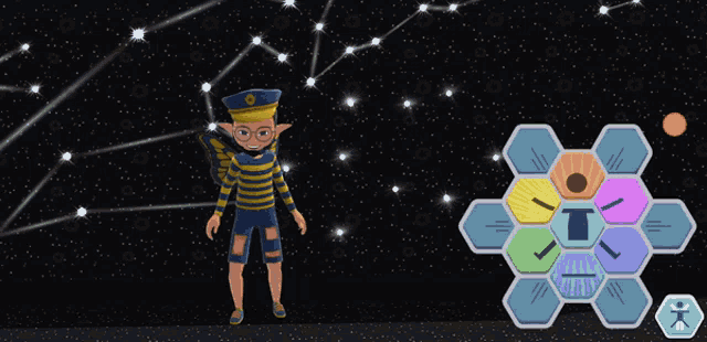 a cartoon character is standing in front of a constellation and a puzzle
