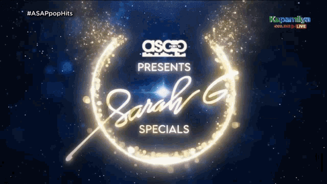an advertisement for sarah g. presents specials with a star coming out of it