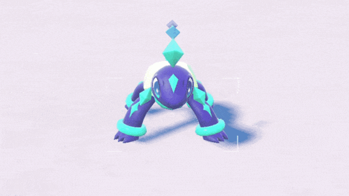 a purple and blue cartoon character is standing on a white background