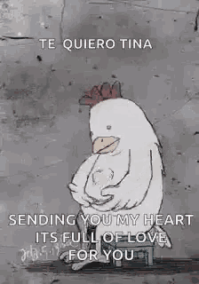 a cartoon of a chicken hugging another chicken with the words `` te quiero tina '' .