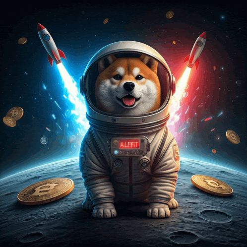a dog wearing an astronaut 's helmet has a sign that says alert on it