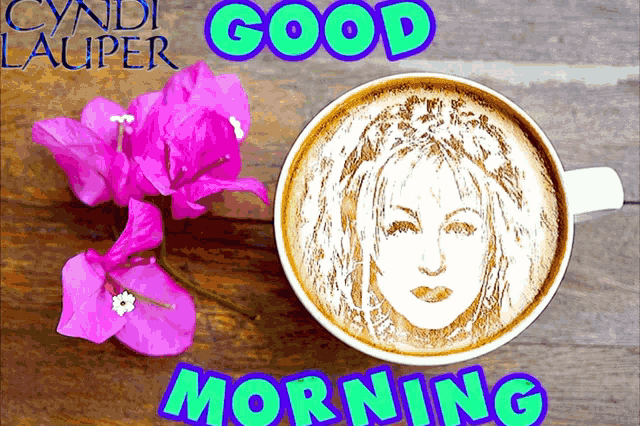 a cup of coffee with a picture of cyndi lauper on top of it