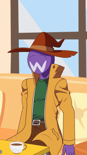 a cartoon character with a w on his face is sitting at a table with a cup of coffee in front of him