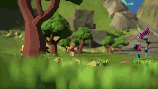 a group of roblox characters are running around a field