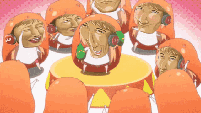 a group of cartoon characters wearing orange hats with headphones and the number 30 on them