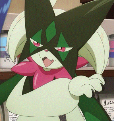 a green and white cartoon character with a pink collar and a triangle mask