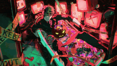 a colorful drawing of a man holding a pumpkin with a keep out tape surrounding him