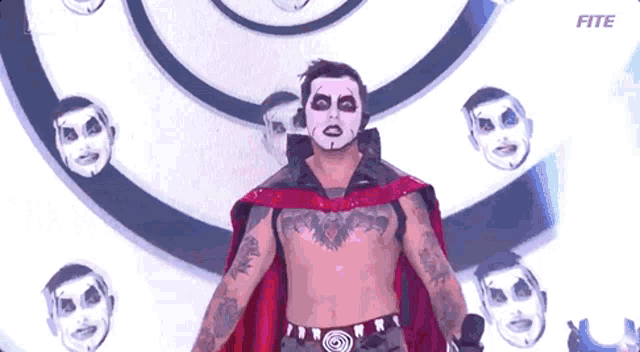 a man with a mask on his face is standing in front of a circle of masks .