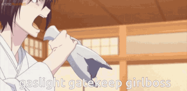 a girl in a kimono is holding a towel and screaming with the words gaslight gatekeep girlboss below her