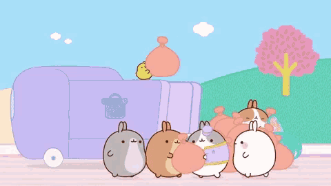 a group of cartoon rabbits standing in front of a purple trash can