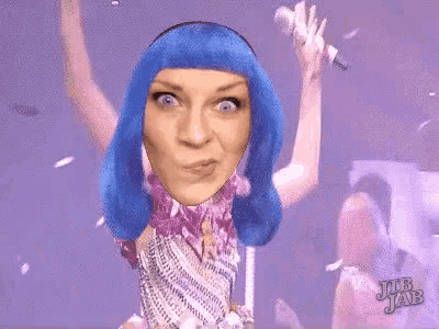 a cartoon of a woman with blue hair and the words job jab