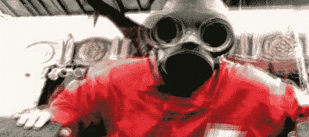 a pixelated image of a man wearing a gas mask and a red jacket