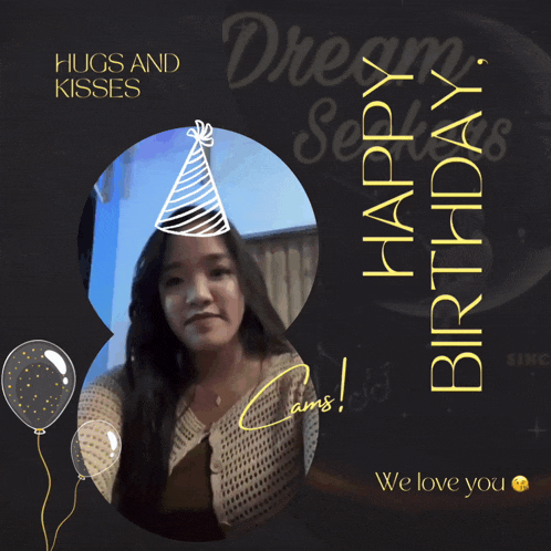 a birthday greeting card with a girl wearing a party hat