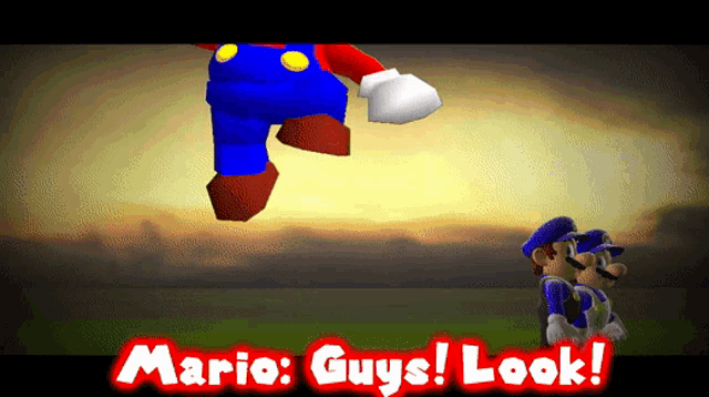 a cartoon of mario says " mario guys look " on the bottom
