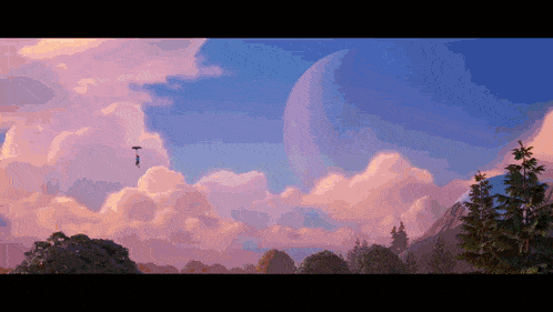 a pixel art painting of a cloudy sky with a planet in the background