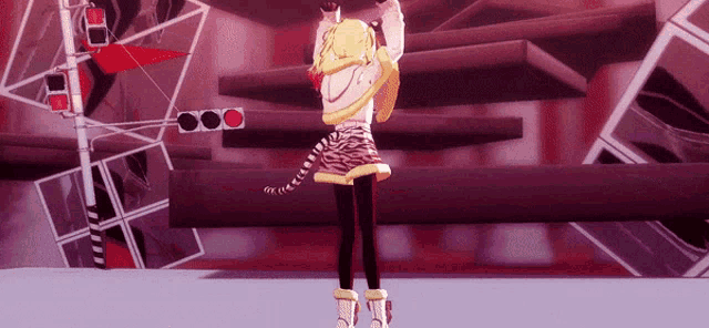a girl with a cat tail is standing in front of a red light