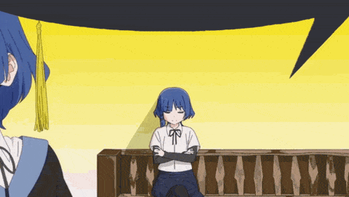 a girl with blue hair is sitting on a railing with her arms crossed and a speech bubble above her head