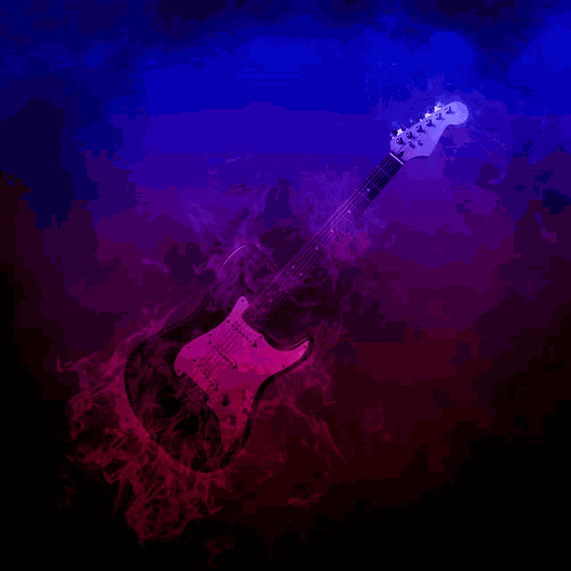 an electric guitar is surrounded by purple flames