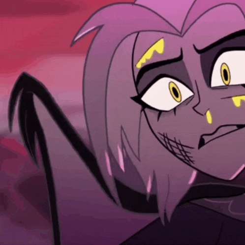 a close up of a cartoon character with purple hair