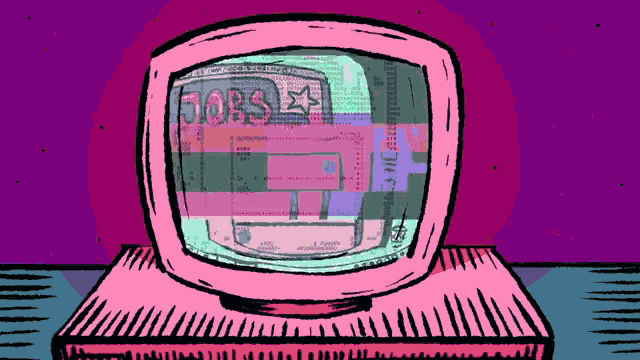 a cartoon drawing of a computer monitor with the words jobs on the screen