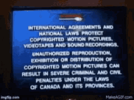 a sign that says international agreements and national laws protect copyrighted motion pictures , videotapes and sound recordings .