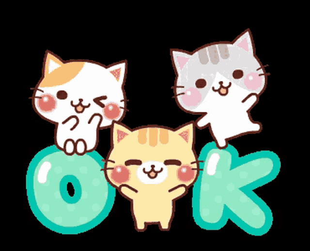 three cartoon cats are standing next to a large ok sign