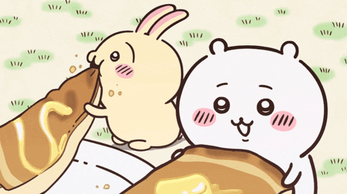 a cartoon of a rabbit eating a loaf of bread next to a bear