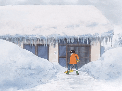 a drawing of a person shoveling snow from a building