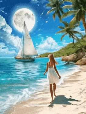a woman in a white dress walking on the beach with a sailboat in the background