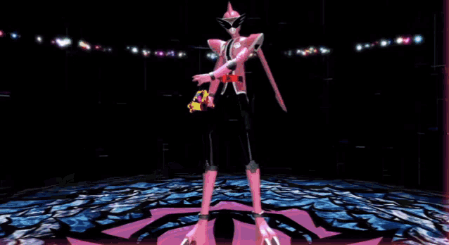 a pink power ranger is standing on top of a large wave