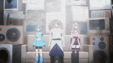 three anime characters are standing in front of a wall of speakers one of which says yamaha on it