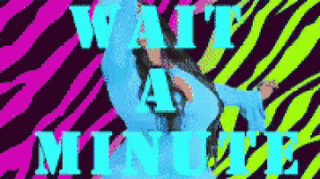 a woman in a blue dress is dancing in front of a zebra print background that says " wait a minute "