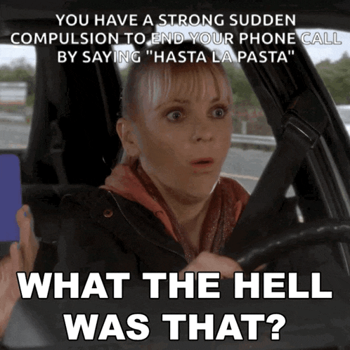 a woman in a car with the words what the hell was that written below her