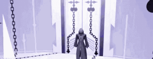 a cartoon character is standing in a room with chains hanging from the ceiling .