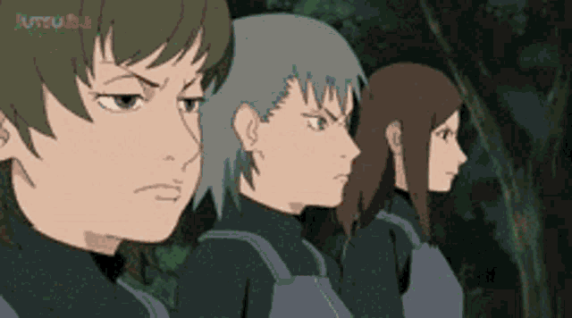three anime characters are standing next to each other and one of them has a backpack