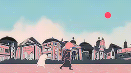 a cartoon of a woman walking in front of a city with buildings and a red sun .