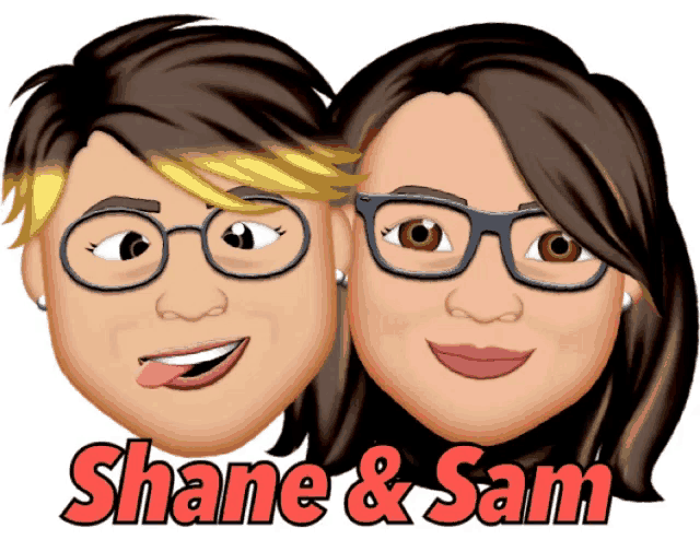 a cartoon of shane and sam with their faces