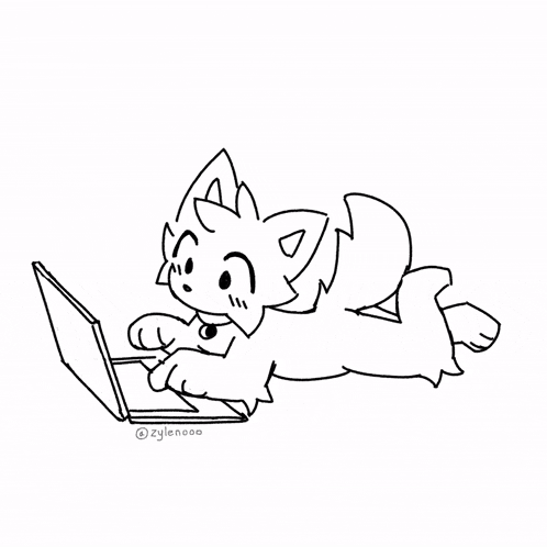 a black and white drawing of a cat laying on its back using a laptop computer .