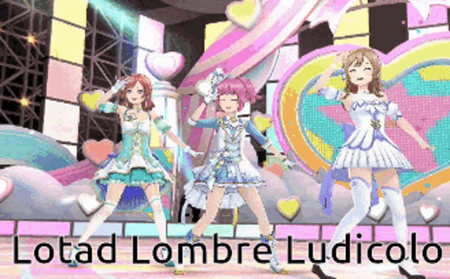 three anime girls are dancing on a stage with the words lotad loambre ludicolo written below them