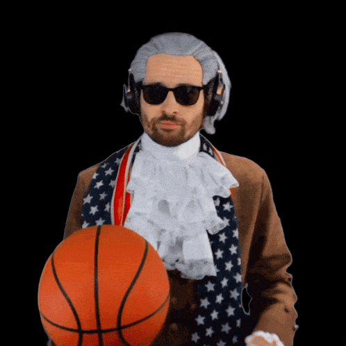 a man wearing a wig and sunglasses is holding a basketball