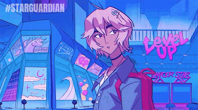 a cartoon drawing of a girl standing in front of a level up sign