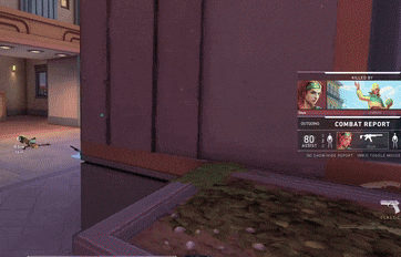 a person holding a gun in front of a building with a combat report on the screen