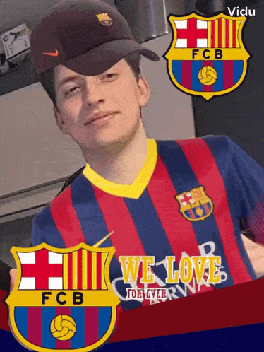 a man wearing a hat and a fcb jersey