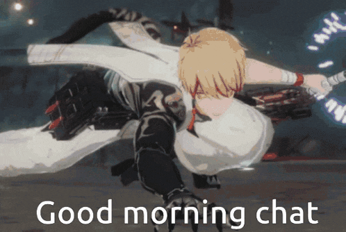 a video game character is laying on the ground with the words " good morning chat " below him