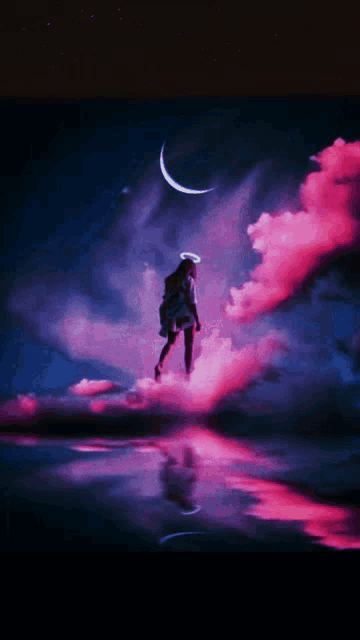 a painting of a girl with a halo standing on a cloud with a crescent moon in the background